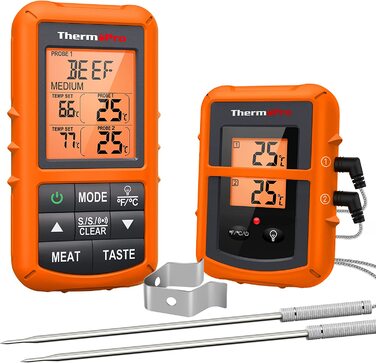 ThermoPro TP20 Цифровий термометр для м'яса з радіусом дії 150 м. Бездротовий термометр для гриля, духовки та барбекю з 2 датчиками температури. Orange