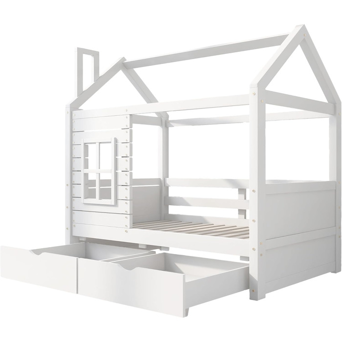 Дитяче ліжко 80x160 см з ящиками та віконцем, масивне дерев'яне ліжко з бортиками та ламелями, ліжко-будиночок для хлопчиків та дівчаток, ліжко-будиночок, ліжко для підлітків, без матраца, біле