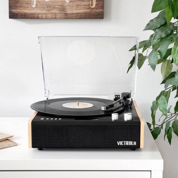 Вініловий програвач Victrola з Bluetooth 5.1, вбудованими динаміками, технологією Vinyl-Stream, ретро-дизайном, трьома швидкостями та головкою Audio Technica AT-3600LA, бамбук