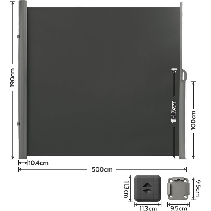 Висувна бокова маркіза LARMNEE 190x500 см, темно-сіра, сонцезахисна та захист від поглядів, для балкона, тераси, саду
