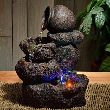 Внутрішній фонтан Zen'Light Природний каскад з ефектом скелі Jarstone Барвисте світло, ідея подарунка, рухомий інтер'єр, розслаблений настільний фонтан Zen, об'єкт щасливого предмета, h 31 см-Nivello, каштановий, великий