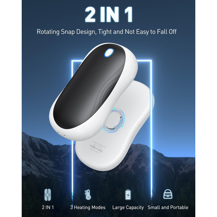 Електричні грілки для рук Cnkeeo 2 шт. з роздільним магнітним з'єднанням, Powerbank USB, 3 режими нагріву, для спорту, риболовлі, полювання, чорно-білі