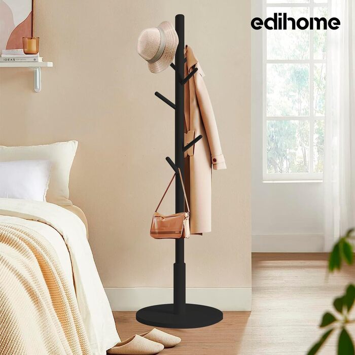 Дерев'яний вішак для одягу Edihome з 8 гачками, 172 x 38 x 38 см, для передпокою, коридору або спальні (Чорний)