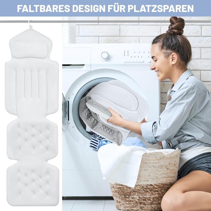 Подушка для ванни повномірна 134x41 см з підголівником та підтримкою попереку, швидковисихаюча, гіпоалергенна, з гачком та рукавичкою для ванни