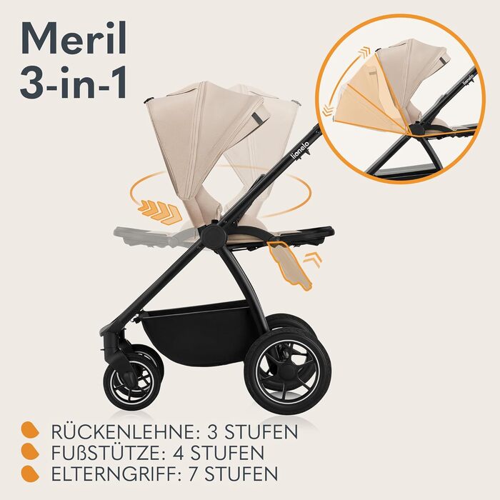 Дитяча коляска Lionelo Meril 3-в-1, 0-48 місяців, до 22 кг, люлька до 9 кг, автокрісло до 13 кг, поворотні колеса, амортизація, великий капюшон UPF50+, бежевий