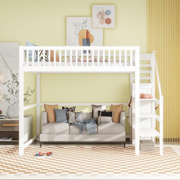 Ліжко-горище Merax для односпального матраца 140x200 см з шафою та сходами, масивне дерево, білий колір (без матраца)