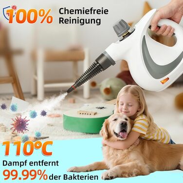 Портативний пароочисник для дому з аксесуарами, 3 бари, 1300 Вт, без хімікатів. Підходить для кухні, підлоги, плитки, диванів (білий)