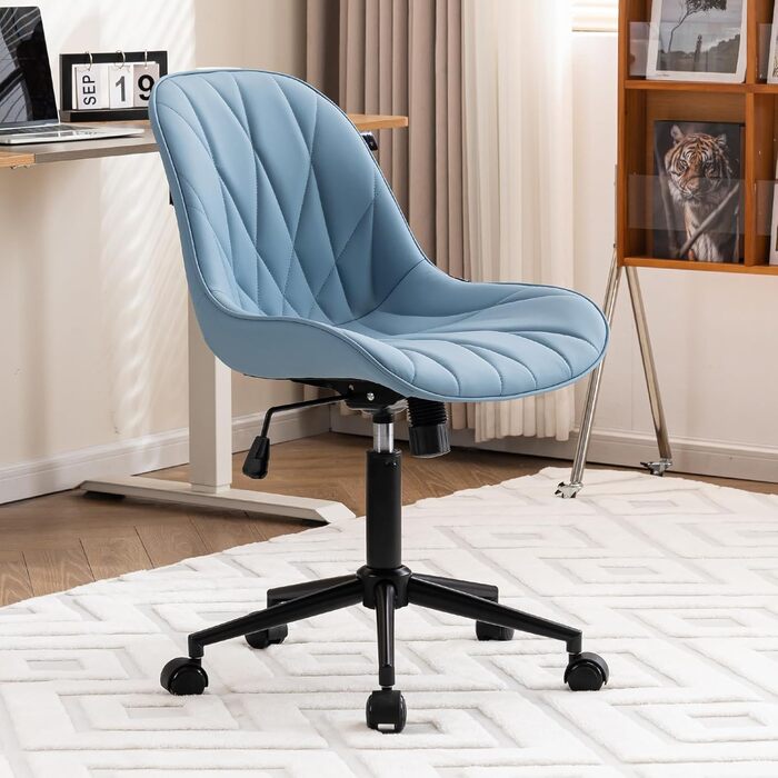 Офісне крісло YOUTASTE з принтом листя, ергономічне, регульоване по висоті з функцією гойдання, без підлокітників, шкіряне, для дому та офісу, блакитне
