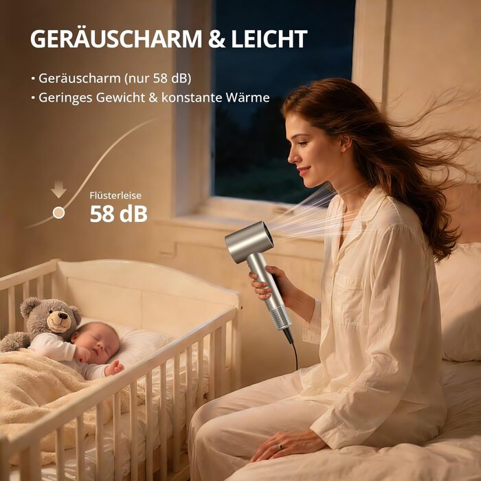 Іонний фен для волосся з безщіточковим двигуном 180 000 об/хв, компактний дорожній фен з 4 режимами температури та захистом від перегріву, колір Oro Champán