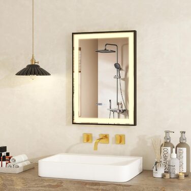 Дзеркало для ванної кімнати YOURLITE з підсвіткою, 85x55 см, LED, сенсорне керування, 3 кольори світла, регулювання яскравості, протизапобігання запотіванню, вертикальна/горизонтальна орієнтація, IP44, білий (чорний-5070)