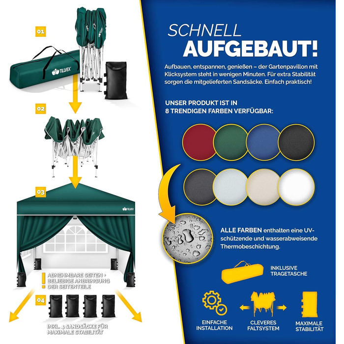 Павільйон Tillvex водовідштовхувальний з набором з 4 мішків з піском | Pop-Up павільйон, стабільний та регульований по висоті | Садовий намет з UV захистом 50+ | Намет для вечірок з сумкою для саду (антрацит) (3x3м з 4 боковими частинами, 3 x 3 м – зелени