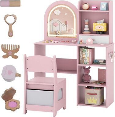 Дитячий туалетний столик LIFEZEAL 2 в 1 з дзеркалом та пуфом, рожевий, з ящиком та аксесуарами для дівчаток від 3 років