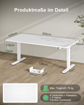Електричний стіл Devoko з регулюванням висоти 200x80 см, білий, з USB-C зарядкою та органайзером для кабелів