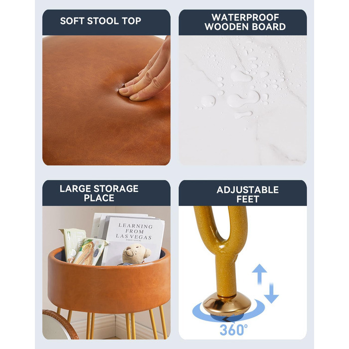 Пуф-табуретка з велюру круглої форми, золоті ніжки, для макіяжу та відпочинку, L/G-30P (з ящиком для зберігання, світло-коричневий)