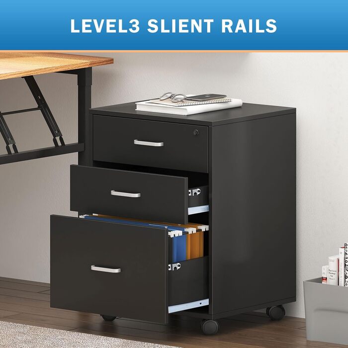 Шафа для документів на колесах SogesHome, мобільний контейнер для офісу, з 3 висувними ящиками, з ключем, білий/чорний, для дому та офісу