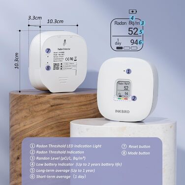 Детектор радону Inkbird Ink-RD1: коротко- та довгострокова перевірка рівня радону, EU-Bq/m³ версія, для дому, офісу, гаража