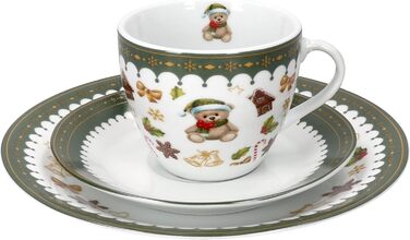 MamboCat Friend - 18-ти частинний чайний сервіс для 6 осіб | Керамічний сервіс з ведмедиком, будиночком з імбирного пряника та іншими новорічними мотивами | Тріо з чашками, блюдцями та тарілками | Ідеальний для святкування Різдва
