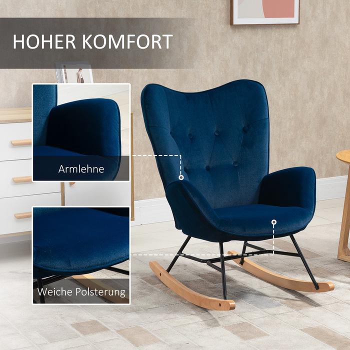 Крісло-гойдалка HOMCOM з капюшоном Rocking Chair Велика комфортність Підлокітники Сидіння Спинка оббита високощільним велюром Синій | Aosom