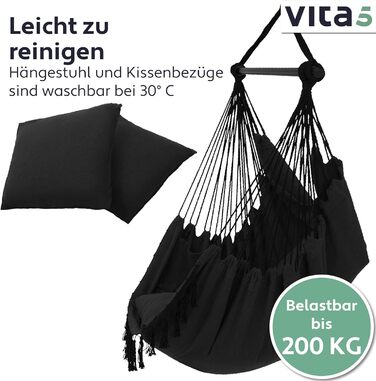 Підвісне крісло на відкритому повітрі - Стійке та безпечне крісло-гамак - Стильне підвісне крісло для приміщень - Гойдалки для дорослих та дітей - Зручне оформлення кімнати в стилі бохо - Вантажопідйомність 200 кг (чорний), 5