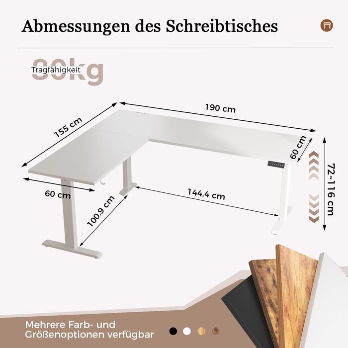 Електричний кутовий стіл Klicelor з регулюванням висоти, 190 x 155 см. 3 функції пам'яті, антиколізійна технологія, ергономічний комп'ютерний стіл, білий