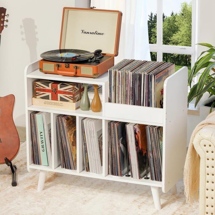 Стіл для програвача вінілу, стійка для програвача середини століття з місцем для зберігання до 350+ платівок, шафа для вінілових платівок з регульованими полицями (Білий)