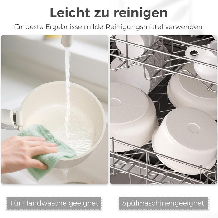 Набір посуду YASHE 9 предметів: каструлі та сковорідки з антипригарним покриттям, білий, для всіх плит, знімний ручка, сумісний з духовкою, компактний, сталевий