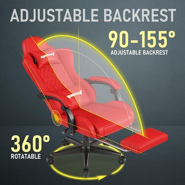 Ігровий крісло, комп'ютерне ігрове крісло з підніжкою, регульованими підлокітниками та підтримкою попереку, ергономічне офісне крісло з високою спинкою для дорослих, велике та високе крісло для столу (Червоний)