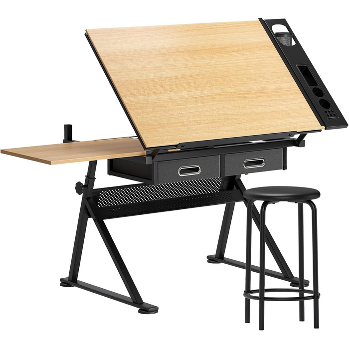 Регульований стіл для малювання та роботи, з хокером та ящиками. Ідеально для техніків, архітекторів та студентів мистецтв
