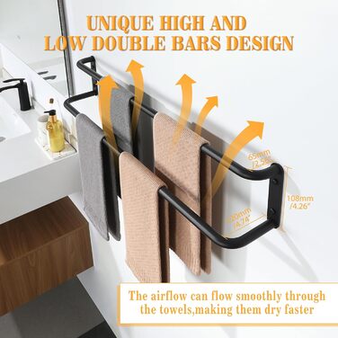 Тримач для рушників подвійний, 80 см, нержавіюча сталь 304, чорний колір, для ванної кімнати та кухні
