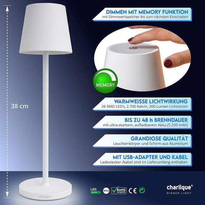 LED-лампа настільна бездротова (2 шт) - світло для вечері біле 38 см - преміум акумуляторна лампа з USB, тепле світло, для дому та вулиці. Білий колір, 2 шт (вигідний пакет)