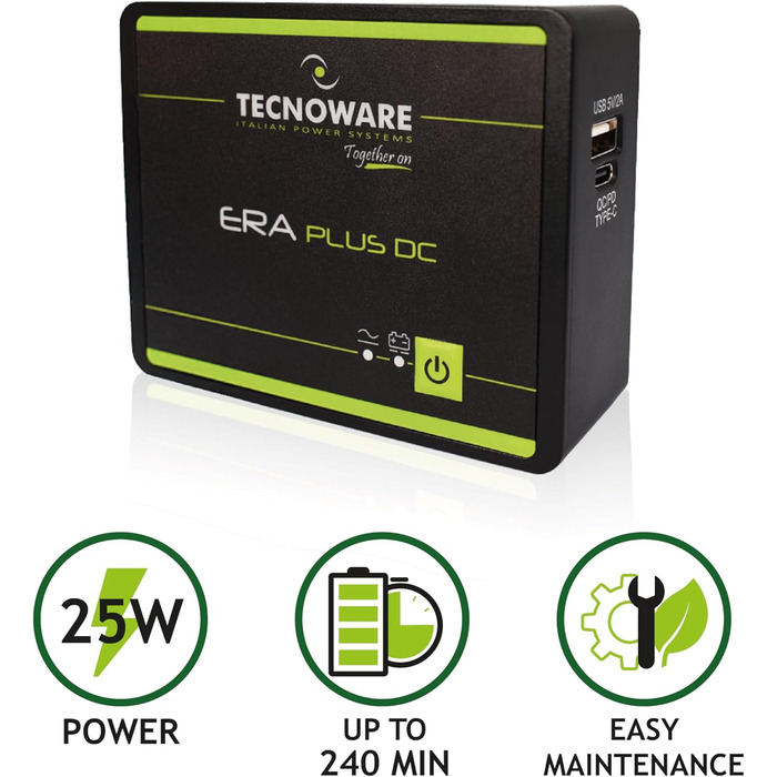 Mini UPS Tecnoware ERA Plus DC для WiFi, модему, відеоспостереження: Powerbank 5200mAh, захист від стрибків напруги та відключень (до 240 хв)