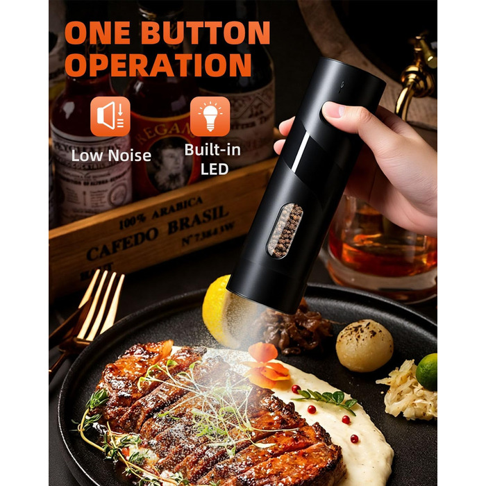 Електричний набір для солі та перцю з зарядною станцією, об'єм 110 мл, перезаряджувана млинка для солі з 5 рівнями, керамічна млинка з щіткою, 2 шт., чорний