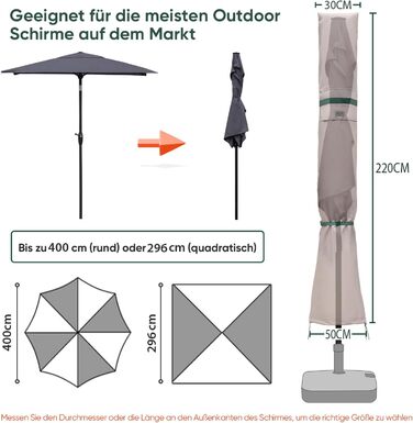 Чохол для садового парасоля Sekey: захисна накидка з вентиляційними отворами, 100% поліестер, водонепроникний, 220 x 30/50 см, хакі