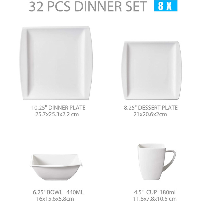 MALACASA Серія Flora – 60-елементний посуд для 12 осіб – кремово-білий порцеляновий сервіз з квадратним дизайном (тарілки, чашки, підтарілки) – придатний для миття в посудомийній машині та використання в мікрохвильовій печі, білий