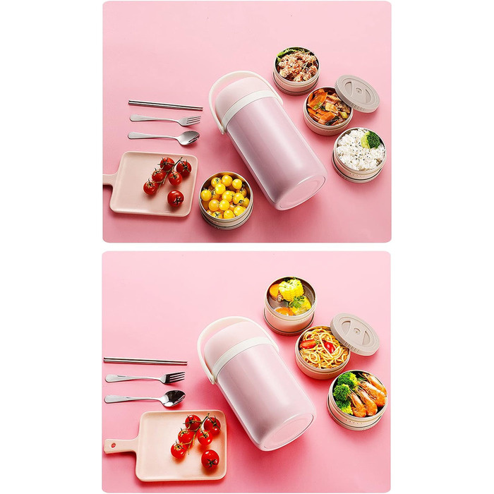 Термоконтейнер для їжі з нержавіючої сталі 316L з ізоляцією, герметичний термоконтейнер для ланчу, складна закусочна коробка з ложкою, паличками для їжі та сумкою для ланчу, зелена, (2,6 л, рожево-рожева)