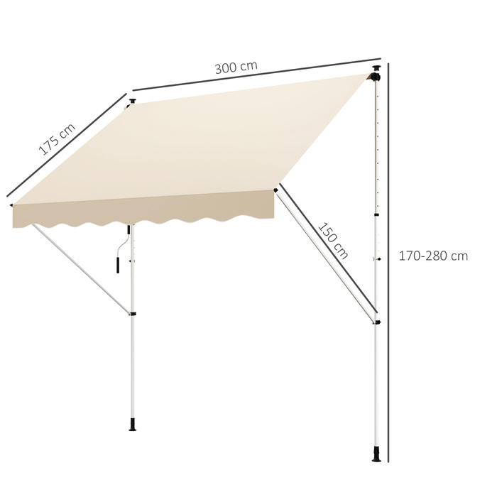 Тент Outsunny Folding Arm 300 x 150 см Регульований по висоті Тент Складаний кронштейн Захист від сонця з ручним кривошипом Стійкий до погодних умов Алюміній бежевий