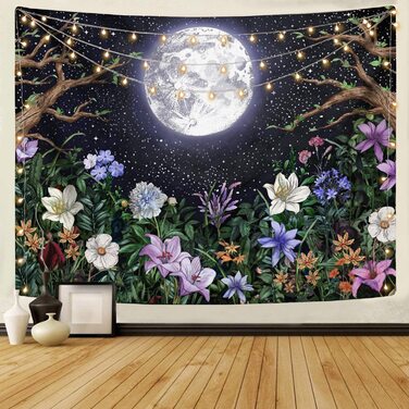 Естетичний місячний гобелен Dremisland, настінний Садовий нічний пейзаж з барвистими рослинами, квітами, гобелен з квітковою лозою, настінний рушник, декор для вітальні, спальні (L/148X200 см, місяць)