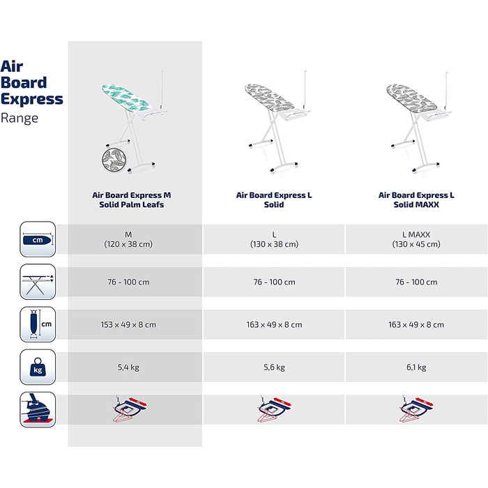 Прасувальна дошка Leifheit AirBoard Express M Solid, для парових станцій, прасувальна дошка зі спеціальним бавовняним чохлом для кращого розподілу пари, парова прасувальна дошка, надлегка прасувальна поверхня, чохол з візерунком пальми M Palm