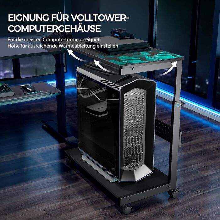 Підставка для комп'ютера EUREKA ERGONOMIC, регульована по висоті, ATX, для CPU, під стіл, з коліщатками, з підкладкою під мишу, чорна