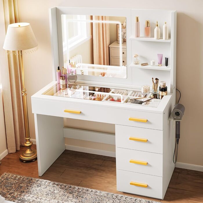 Туалетний столик YITAHOME з підсвіткою та дзеркалом, 4 шухляди, відкриті полиці, чорний (білий)