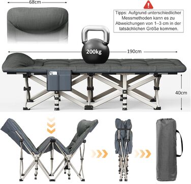 Розкладне кемпінгове ліжко CALIYO, польове ліжко для гостей до 200 кг, 190 x 68 x 40 см, з сумкою для зберігання, чорне