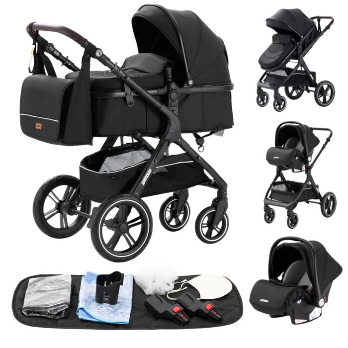 Дитяча коляска YAZOCO 3 в 1: Buggy, Babybett, Комплект. Легка, складається одним кліком, алюмінієвий каркас для новонароджених (чорна)
