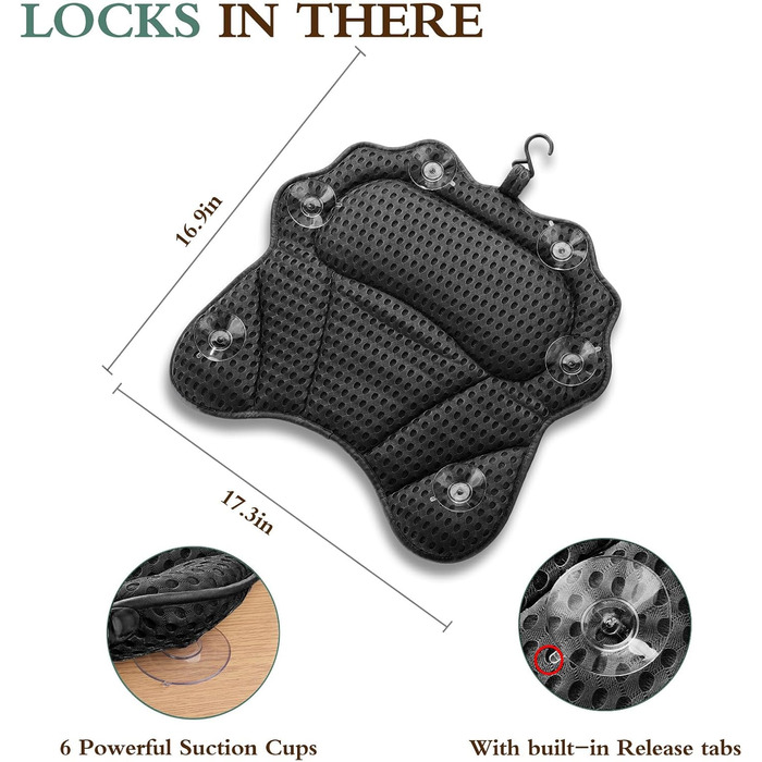 Подушка для ванни RUVINCE ергономічна, з підтримкою голови, шиї, плечей та спини, 4D, з 6 присосками, 43x44 см