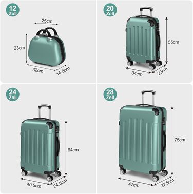 Набір валіз LALAHO 4 шт. з косметичками, з ABS пластику, турецький, з захисними куточками (смужки)