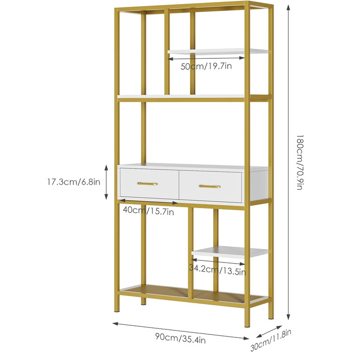 Книжкова шафа, 5 рівнів, 2 шухляди, дерево та метал, 30x90x180 см, білийзолото