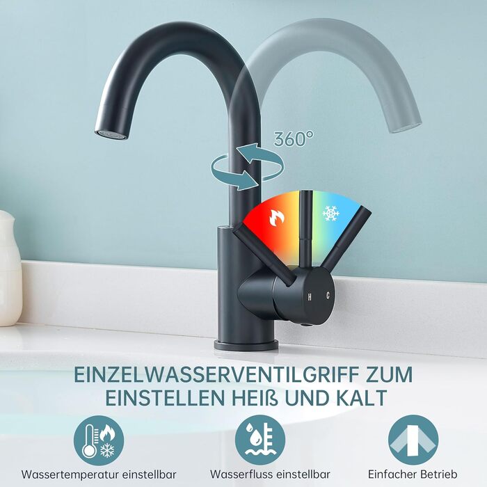 Змішувач для ванної кімнати Fransiton Bad Hoch, водозберігаючий, чорний матовий