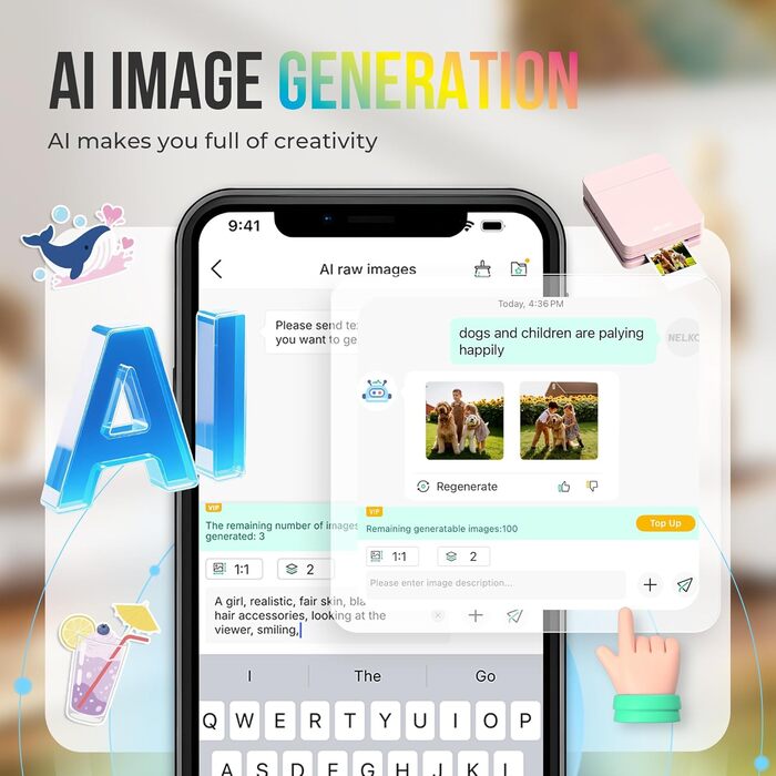Портативний міні-фотопринтер Nelko PP01: кольоровий, для смартфонів iOS & Android, з 20 фотопапером, наклейки, рожевий