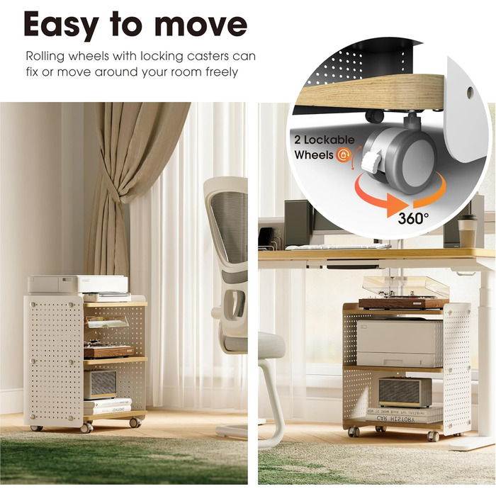 Стіл для принтера Fenge з колесами, мобільний тримач для принтера з перфорацією, 3 рівні, стійка для принтера/роликовий контейнер з органайзером, полиця, шафа для документів, для офісу та дому, 45,3x33,5x53,5 см (Дуб+Білий)