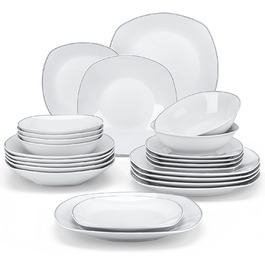 Набір посуду MALACASA 6 персон, серія Elisa 24 шт. Комбінований сервіз у світло-сіро-білому кольорі зі срібним обідком, порцеляновий набір тарілок з 6 обідніми тарілками, 6 десертними тарілками, 6 тарілками для супу, 6 мисками ELISA Срібний обідок 24 шт.