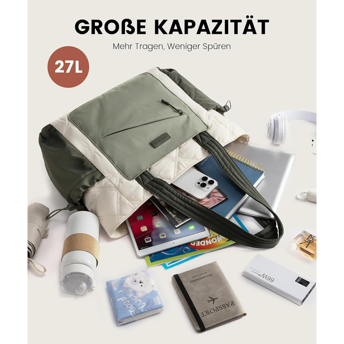 Сумка-шопер LOVEVOOK для жінок: велика, легка, для ноутбука 15,6/17,3 дюймів, робоча/університетська, для роботи, навчання, подорожей (бежево-зелений)